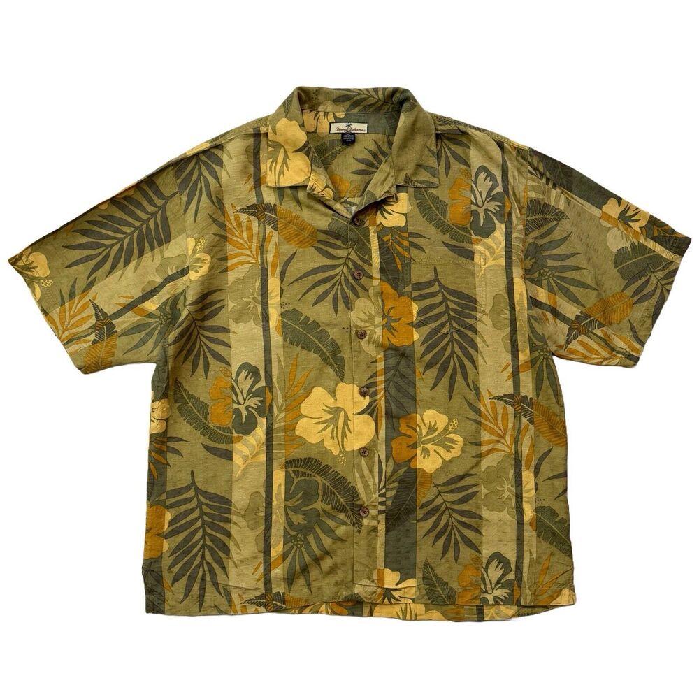 Tommy Bahama Hawaiian Camp Shirt Green/Yellow Size XL Coconut Button